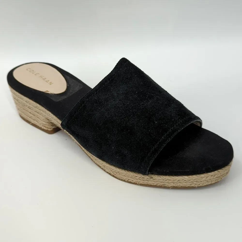 Cole Haan Giselle Espadrille Slide Sandals Black Suede Upper Woven High Heels 8B